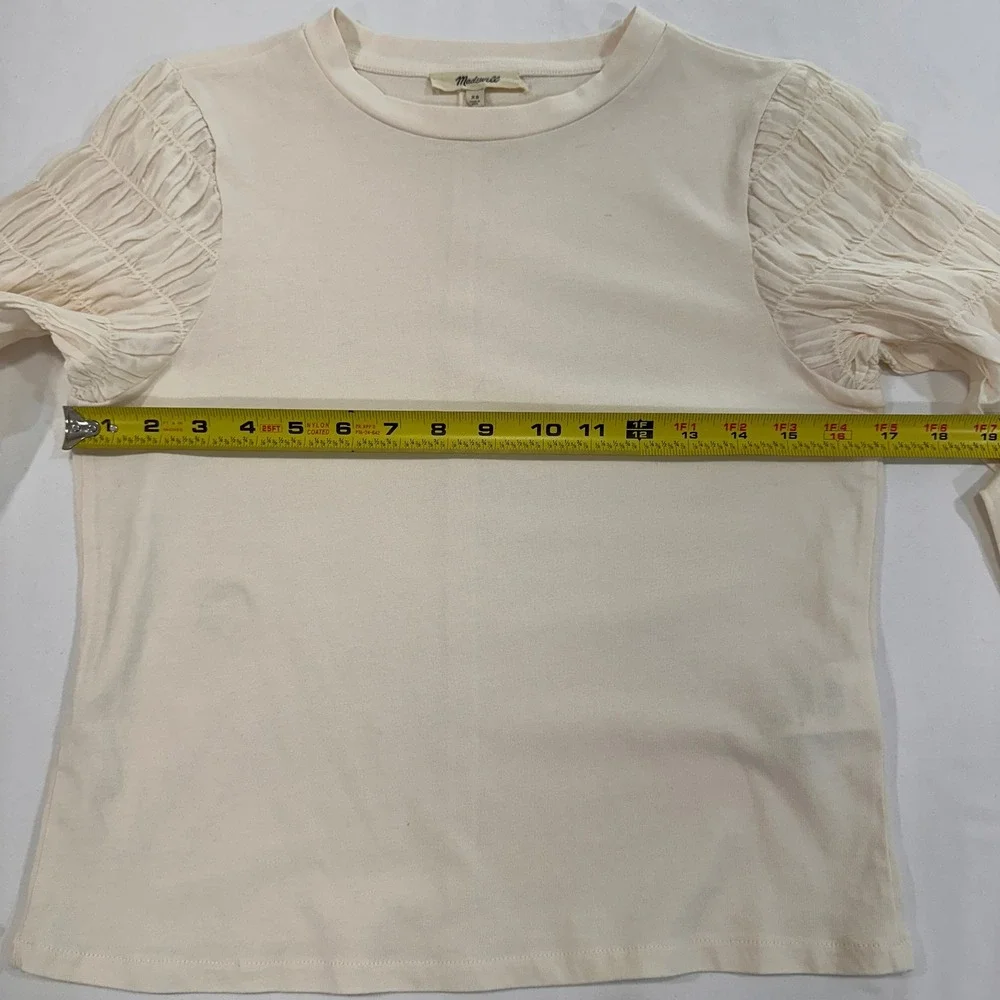 Madewell Smocked Puff Sleeve Mixed‎ Media Top Womens XS Cream Silk Blend | Boho
